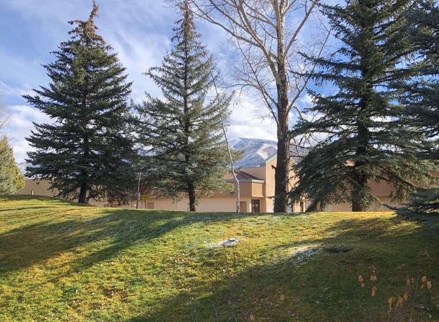 This stunning property boasts a serene setting with lush greenery and mature trees, creating a peaceful atmosphere.