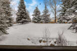 Experience the serene beauty of winter from this property, surrounded by snow-covered evergreen trees and a tranquil landscape.
