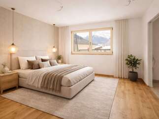 This stunning bedroom offers a serene retreat with its neutral color palette and natural light.