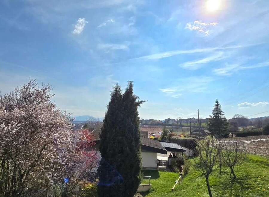 Enjoy breathtaking views from this stunning property, featuring lush greenery and a vibrant sky.
