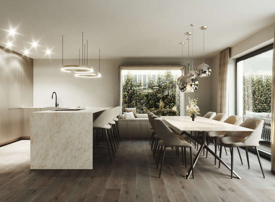 Experience modern luxury in this stunning open-concept kitchen and dining area.
