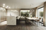 Experience modern luxury in this stunning open-concept kitchen and dining area.