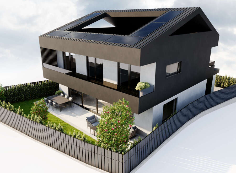 This modern architectural marvel showcases a sleek, contemporary design with a striking black exterior and innovative solar panel integration.