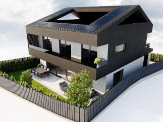 This modern architectural marvel showcases a sleek, contemporary design with a striking black exterior and innovative solar panel integration.