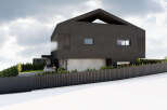 This modern architectural marvel showcases a sleek, dark facade and a unique roof design.
