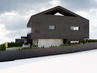 This modern architectural marvel showcases a sleek, dark facade and a unique roof design.