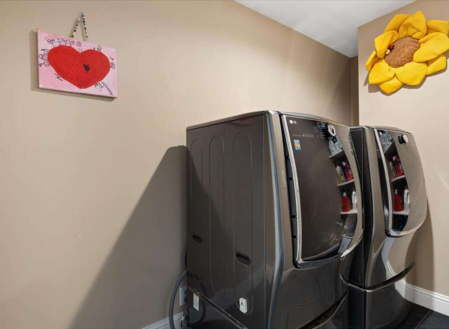 This laundry room features modern appliances and a charming aesthetic.
