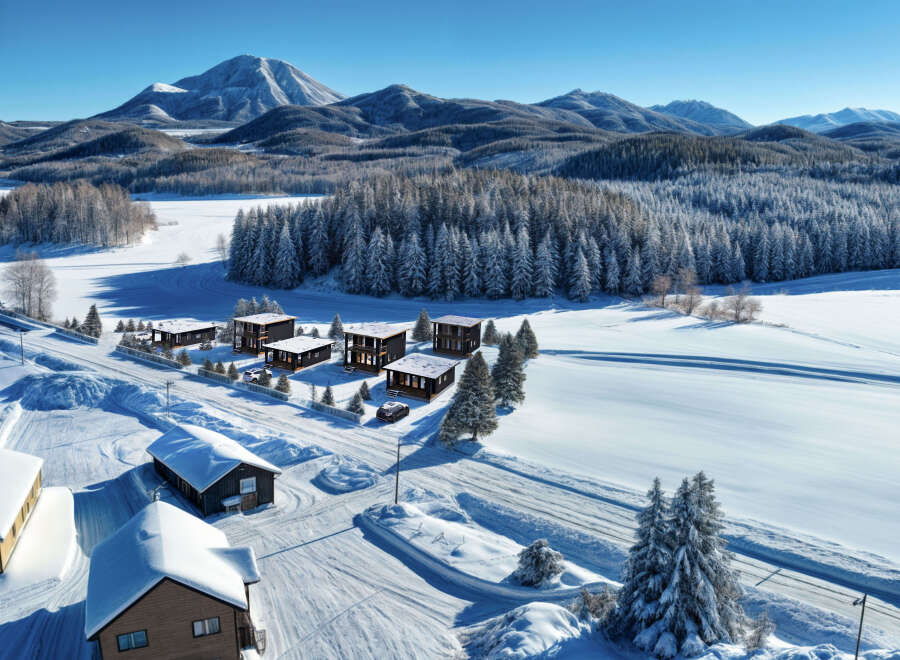 Discover your dream winter retreat in this stunning property nestled amidst a snow-covered landscape.