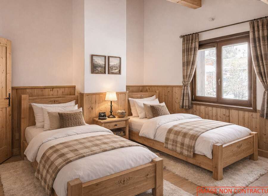 This cozy bedroom features two twin beds with wooden frames, perfect for a comfortable stay.