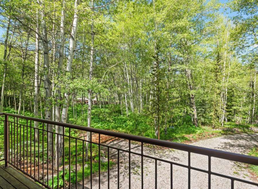 Enjoy the serene mountain views from this charming property, surrounded by a lush forest of aspen trees.