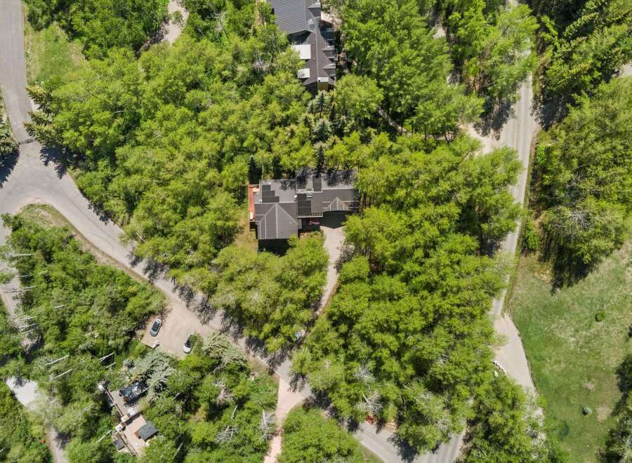 Discover this stunning aerial view of a modern home nestled amidst lush greenery and mature trees.