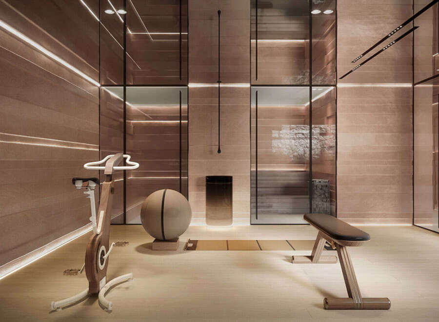 This luxurious home gym offers a serene and stylish space for your fitness routine.