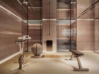 This luxurious home gym offers a serene and stylish space for your fitness routine.