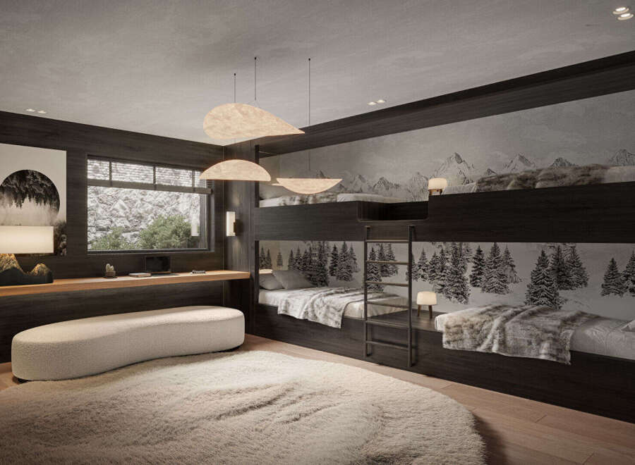 This stunning bedroom features a unique bunk bed design, perfect for a family or guests.