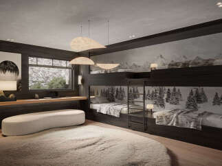 This stunning bedroom features a unique bunk bed design, perfect for a family or guests.