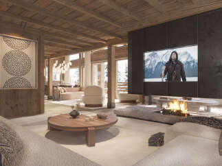 Experience luxury living in this stunning chalet-style home, featuring a cozy living room with a fireplace and a large-screen TV.
