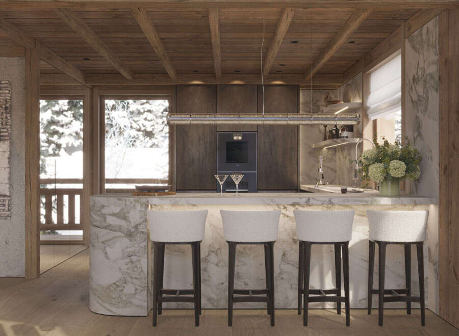 Experience luxury living in this stunning kitchen, featuring a sleek marble countertop and elegant bar stools.