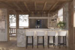 Experience luxury living in this stunning kitchen, featuring a sleek marble countertop and elegant bar stools.