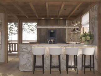 Experience luxury living in this stunning kitchen, featuring a sleek marble countertop and elegant bar stools.