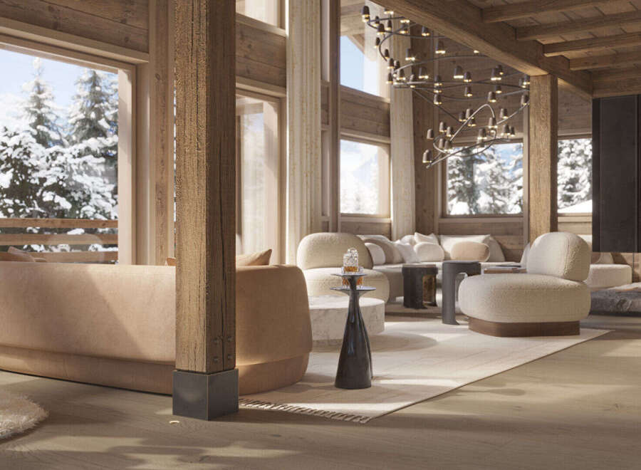 Experience luxurious mountain living in this stunning chalet, featuring a spacious open-plan living area with a modern fireplace and breathtaking snow-covered forest views.