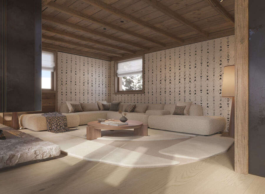 Experience cozy living in this mountain retreat, featuring a large sectional sofa perfect for gatherings and a rustic stone fireplace for warmth.