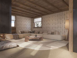 Experience cozy living in this mountain retreat, featuring a large sectional sofa perfect for gatherings and a rustic stone fireplace for warmth.