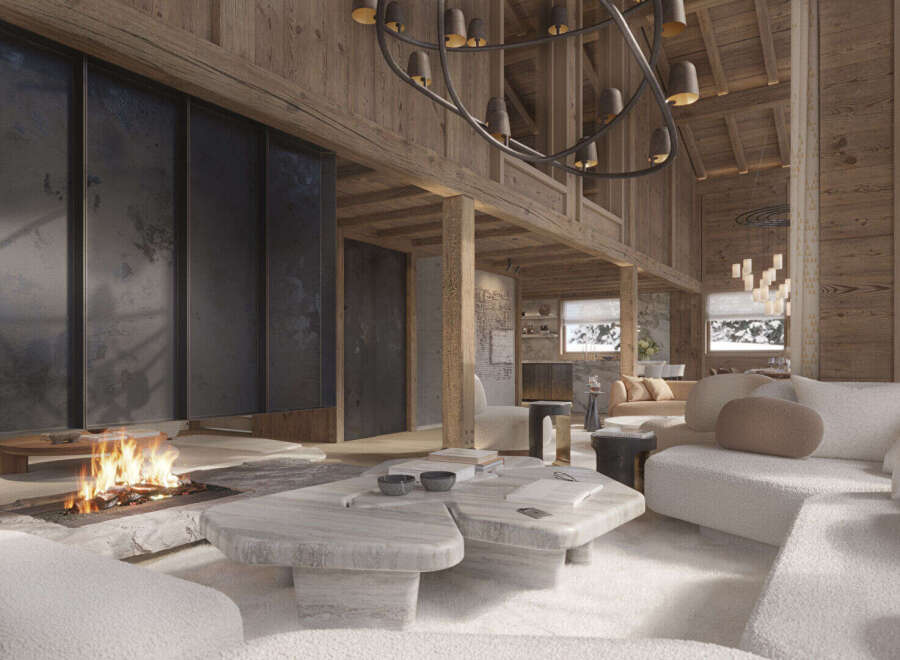 Experience luxury mountain living in this stunning chalet, featuring a grand fireplace and expansive open-plan living space.