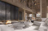 Experience luxury mountain living in this stunning chalet, featuring a grand fireplace and expansive open-plan living space.