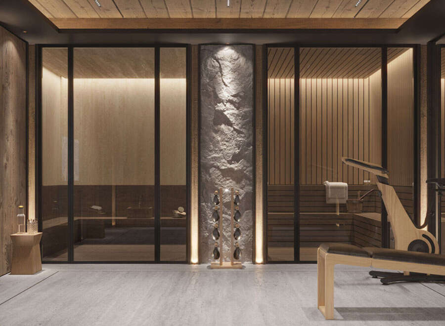 Experience ultimate relaxation and fitness in this luxurious spa and gym area.