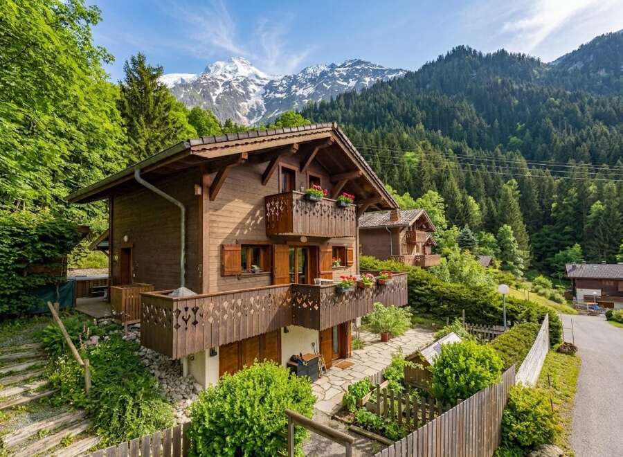 Experience alpine living in this charming wooden chalet nestled amidst lush greenery and majestic snow-capped mountains.