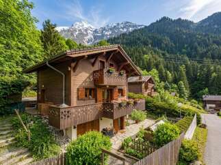 Experience alpine living in this charming wooden chalet nestled amidst lush greenery and majestic snow-capped mountains.