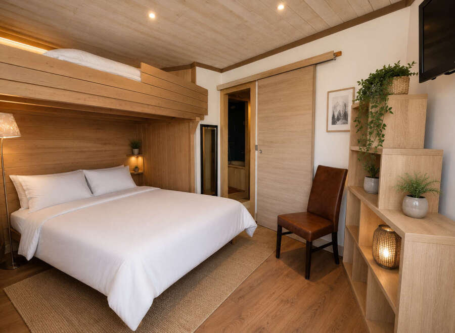Experience cozy living in this charming room featuring a comfortable queen-sized bed and a unique lofted bunk above.