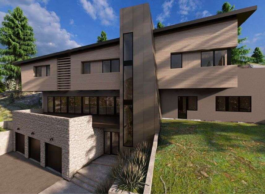 This modern architectural masterpiece boasts a stunning exterior with a blend of textures and clean lines.