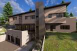 This modern architectural masterpiece boasts a stunning exterior with a blend of textures and clean lines.