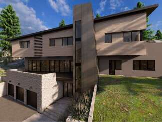 This modern architectural masterpiece boasts a stunning exterior with a blend of textures and clean lines.