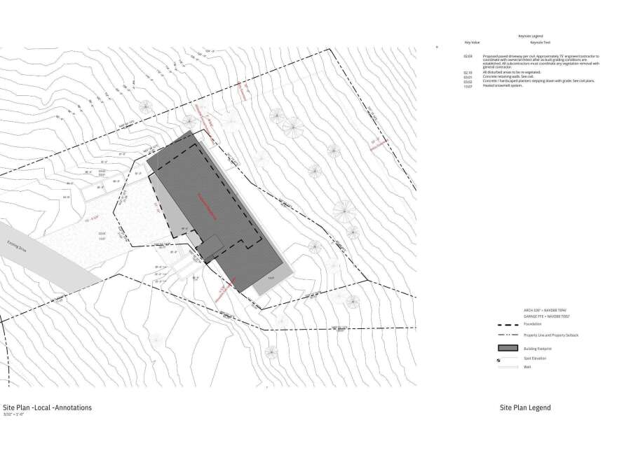 This site plan showcases a proposed residence with detailed annotations, including spot elevations and utility easements.