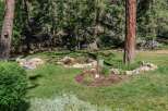 Discover a serene backyard oasis with lush green lawns and mature trees providing ample shade.