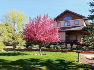 This stunning property boasts a beautifully landscaped yard with vibrant trees and lush green grass, creating a welcoming curb appeal.