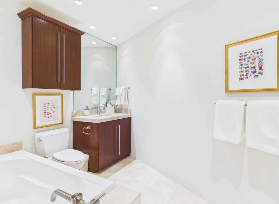Step into a luxurious bathroom featuring a sleek design and modern amenities.