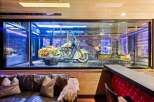 Experience the ultimate man cave, featuring a stunning display of a classic motorcycle and musical instruments behind glass.