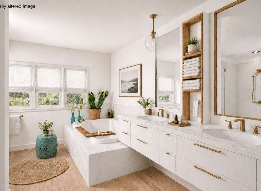 This luxurious bathroom boasts a modern design with a freestanding bathtub, double vanity, and ample natural light.