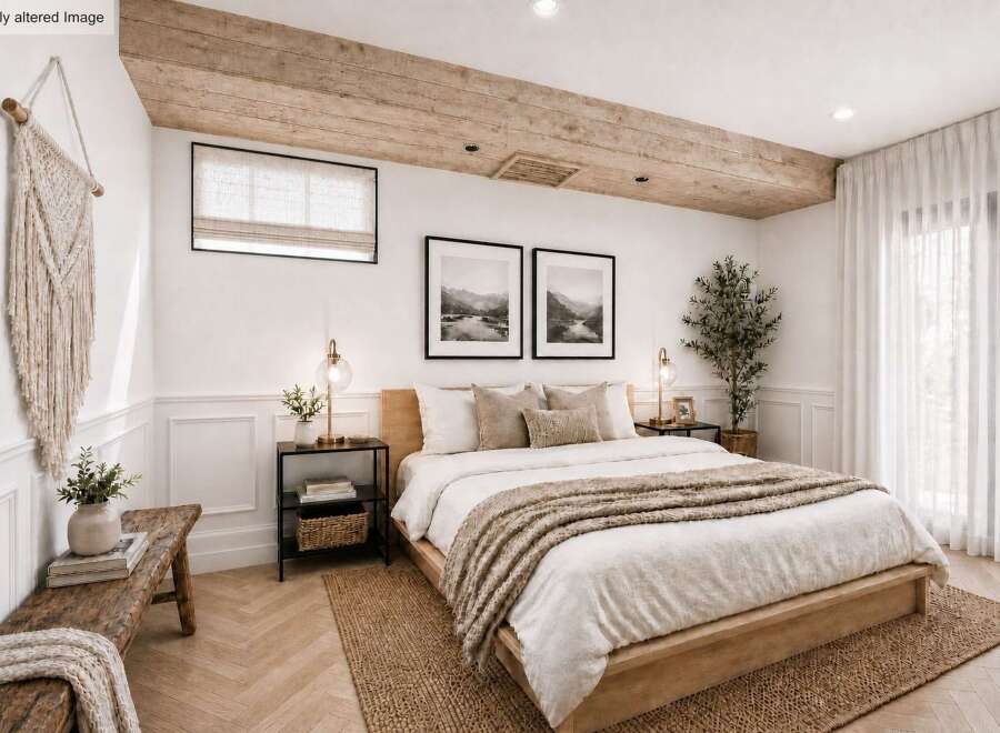 This stunning bedroom boasts a serene and inviting atmosphere, perfect for relaxation.