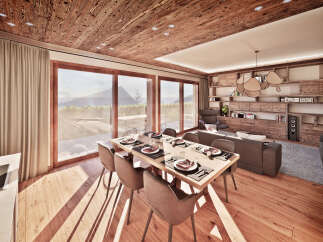 Experience luxury living in this stunning property, featuring a beautifully designed dining area with a large wooden table and comfortable seating.