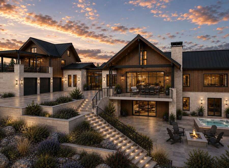 Experience luxury mountain living in this stunning modern home, featuring a spacious multi-level design with expansive windows and natural wood accents.