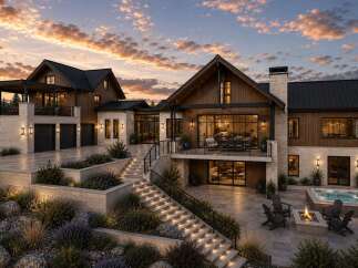 Experience luxury mountain living in this stunning modern home, featuring a spacious multi-level design with expansive windows and natural wood accents.