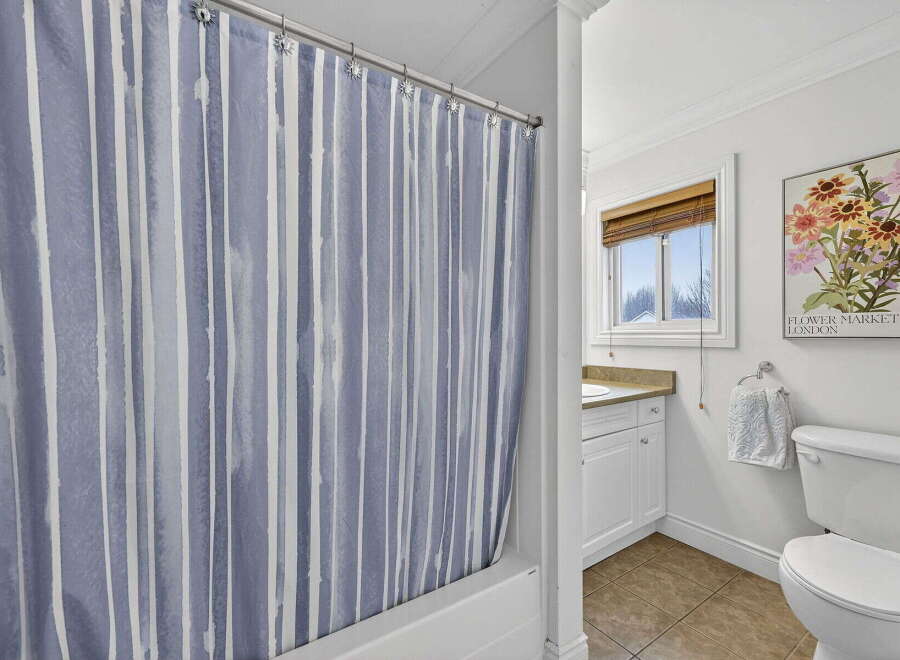 Step into this beautifully designed bathroom, featuring a stylish shower curtain with a modern striped pattern.