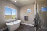 This luxurious bathroom boasts a modern design with a freestanding tub and a separate glass-enclosed shower.