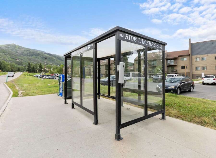 This image showcases a modern bus stop, perfect for those seeking convenient public transportation options.