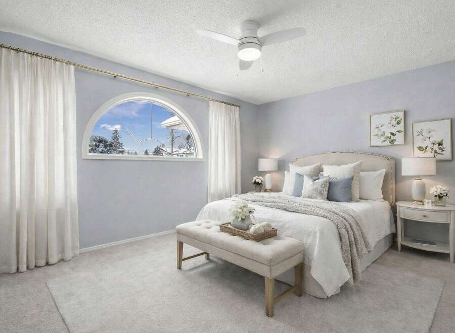 This elegant bedroom offers a serene retreat with its soft color palette and abundant natural light.