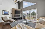 This stunning living room boasts a modern design with a cozy ambiance.